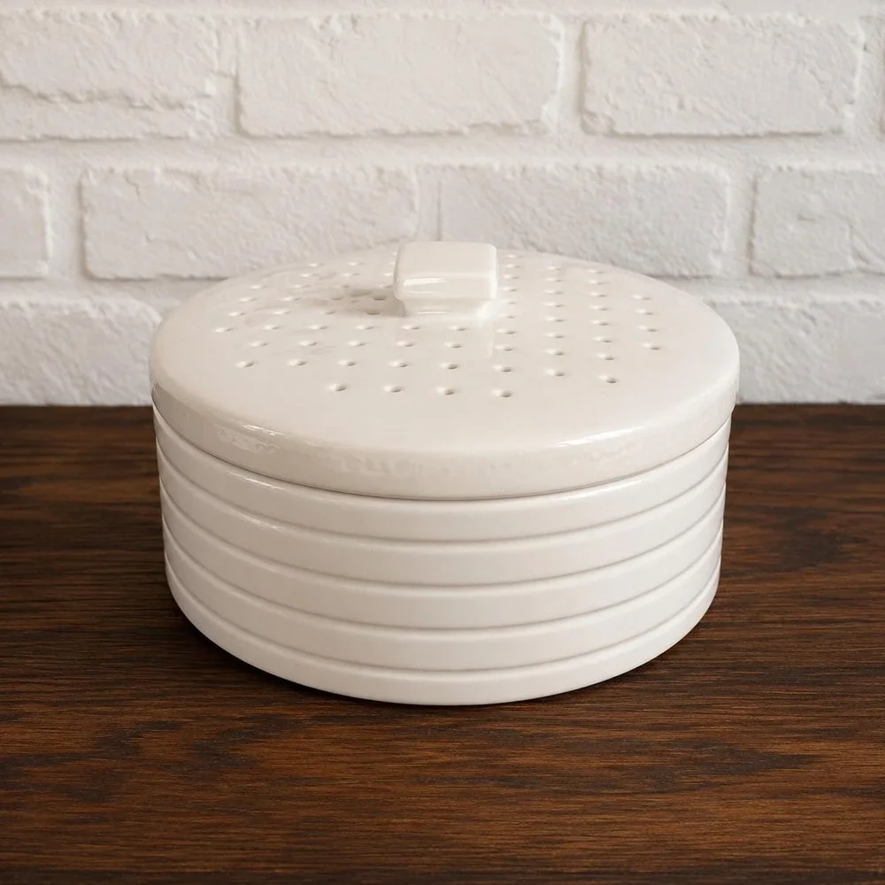 Vintage Crate & Barrel Pancake Warmer - White Ribbed Stoneware Vented Lid Dish